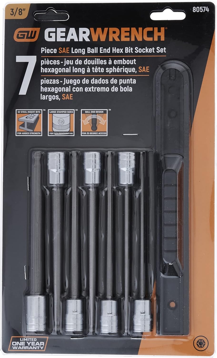 GEARWRENCH 7 Pc. 3/8" Drive Long Ball End Hex Bit SAE Socket Set - 80574