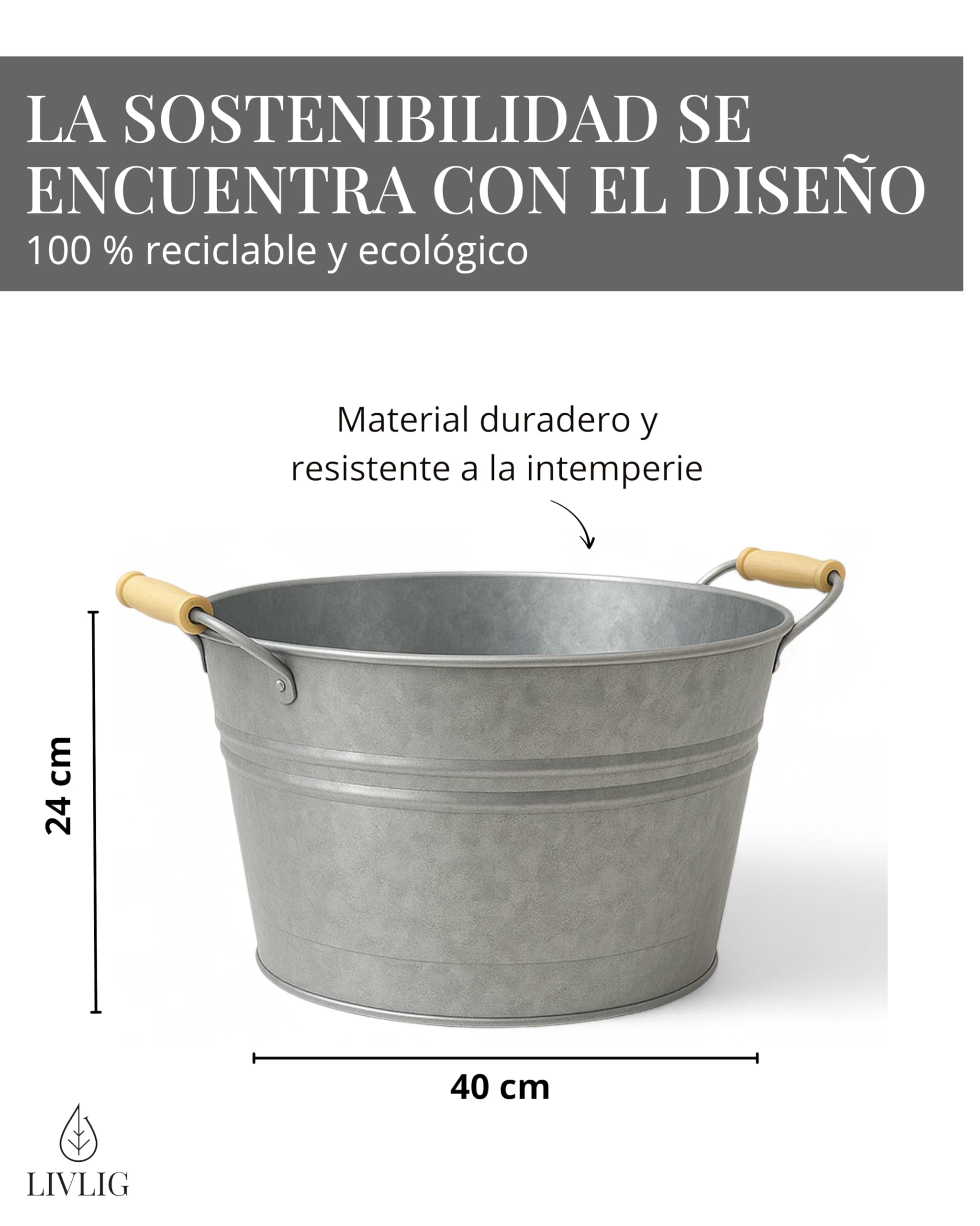 Livlig53 LIVLIG - Recipiente de zinc de 30 l con asas, bandeja de chapa galvanizada como macetero grande, enfriador de bebidas, mini estanque y decoración de jardín, enfriador de botellas de alta
