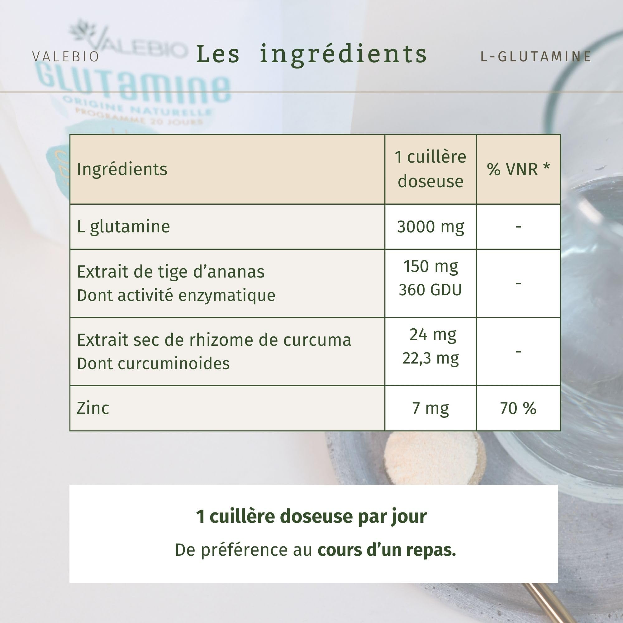 L Glutamine | 3 000mg/dose | Récupération musculaire et santé intestinale | Anti inflammatoire (curcuma & zinc) | Goût pêche, vegan et made in France | 100 g poudre | Valebio