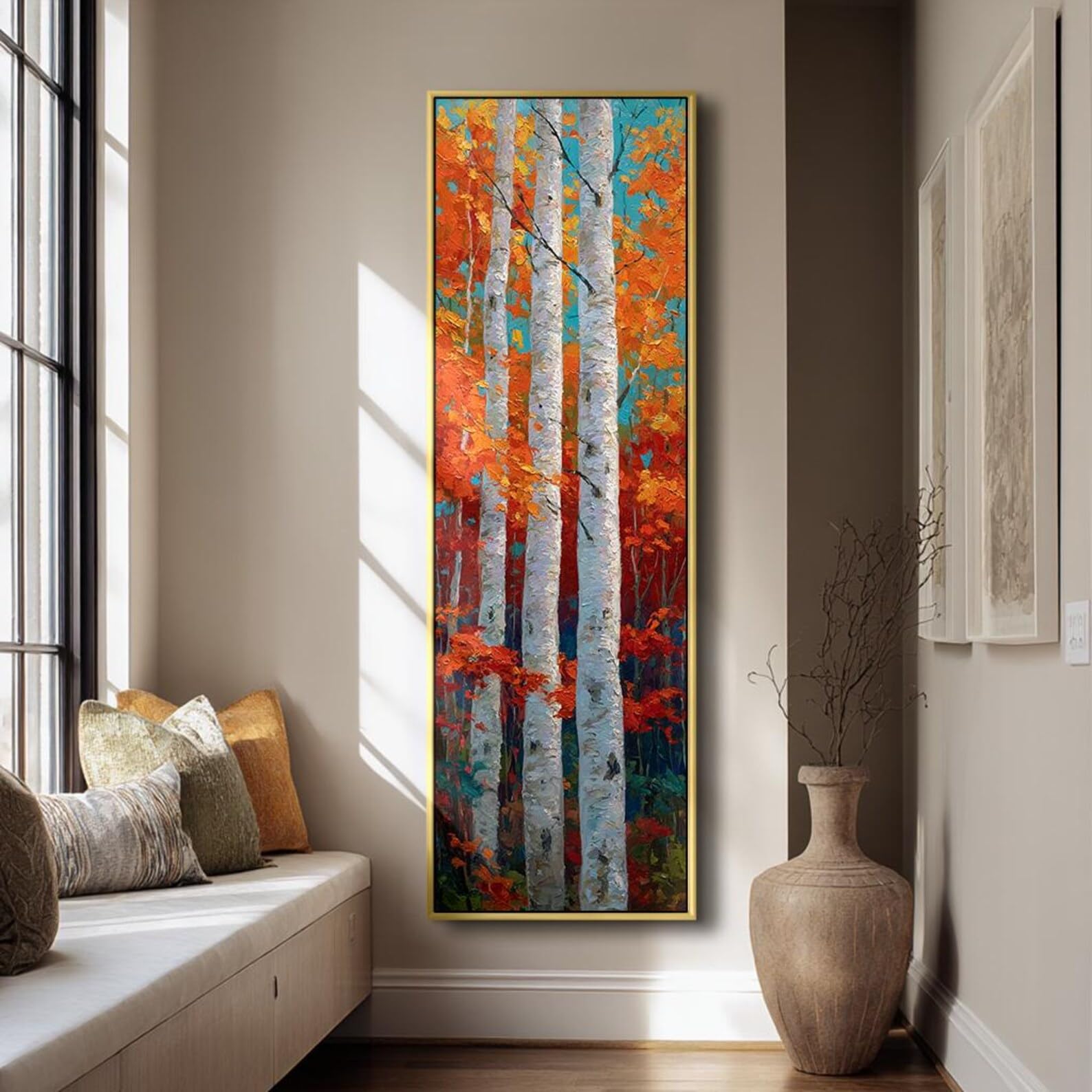 XINBAO Pionowe nadruki drzew w ramie, długa wąska sztuka ścienna, wysoki las, dekoracja domu, płótno, obraz brzozowy (70 x 210 cm)