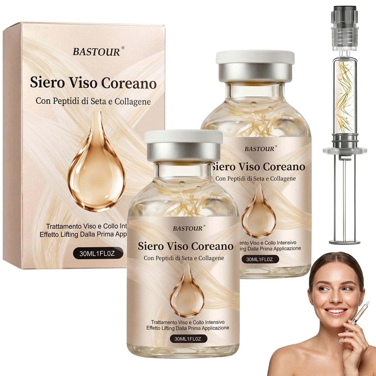 Siero Viso Coreano Lifting 30ML, Siero con Peptidi di seta e Collagene，2pc | Siero Coreano Effetto Lifting dalla Prima Applicazione, Trattamento Anti-Rughe, Idrata Profondamente e Riduce Rughe