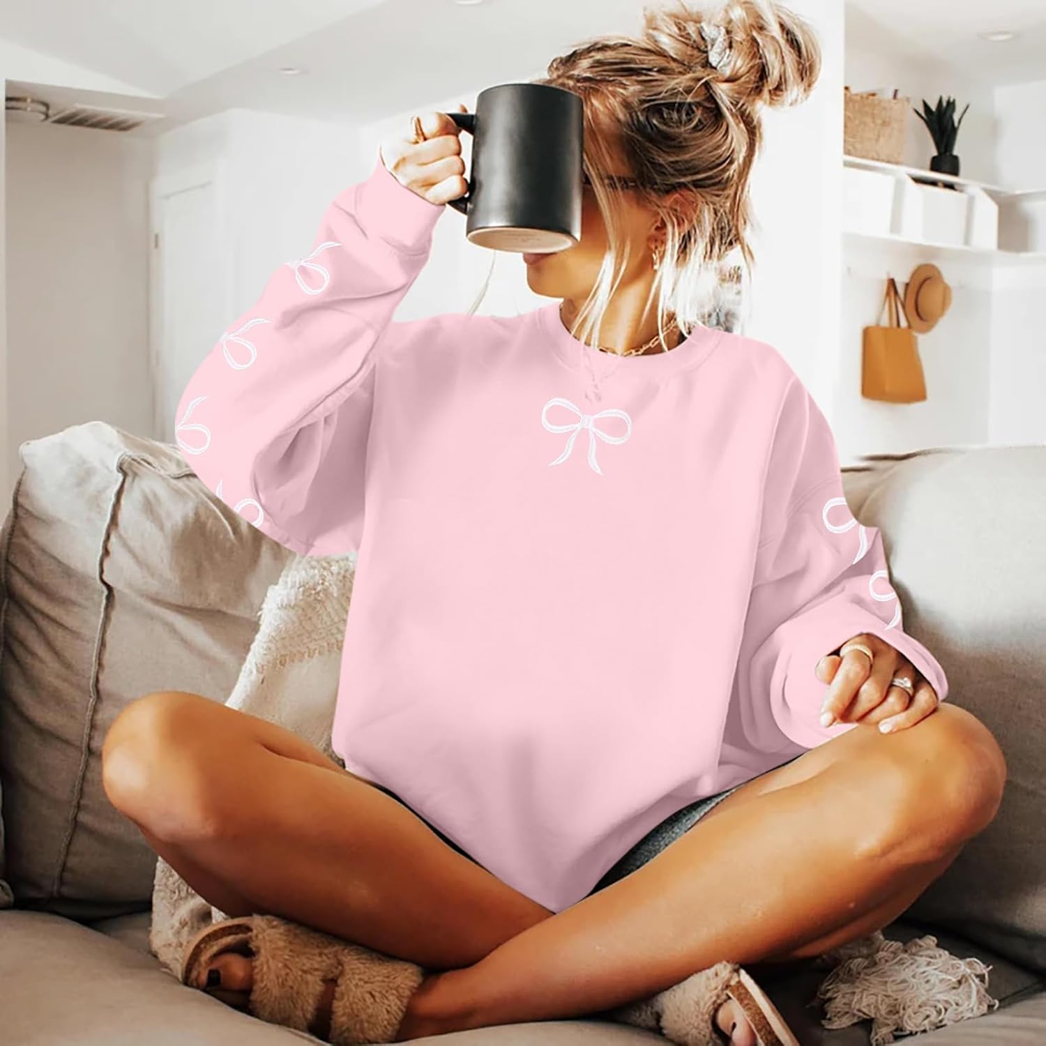 ASTANFY Oversized Bow Sweatshirt Cute Clean Girl Embroidered Sweatshirts Coquette Preppy Sweater Y2k Long Sleeve Pullover Top - Image 3