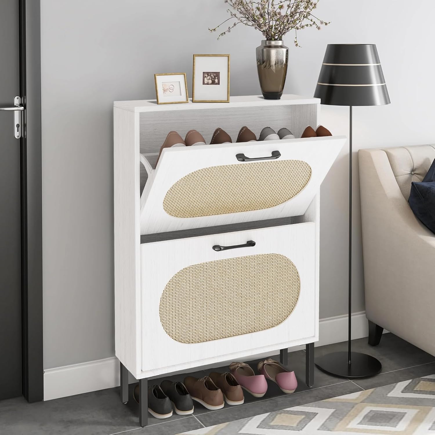 SUNCROWN Shoe Storage Cabinet with 2 Flip Drawers, Freestanding Narrow Shoe Rack Organizer for Entryway with Natural Semi-Circular Rattan Doors, Shoe Shelves,White