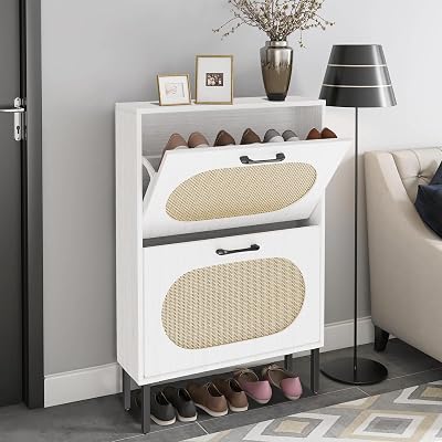 SUNCROWN Shoe Storage Cabinet with 2 Flip Drawers, Freestanding Narrow Shoe Rack Organizer for Entryway with Natural Semi-Circular Rattan Doors, Shoe Shelves,White