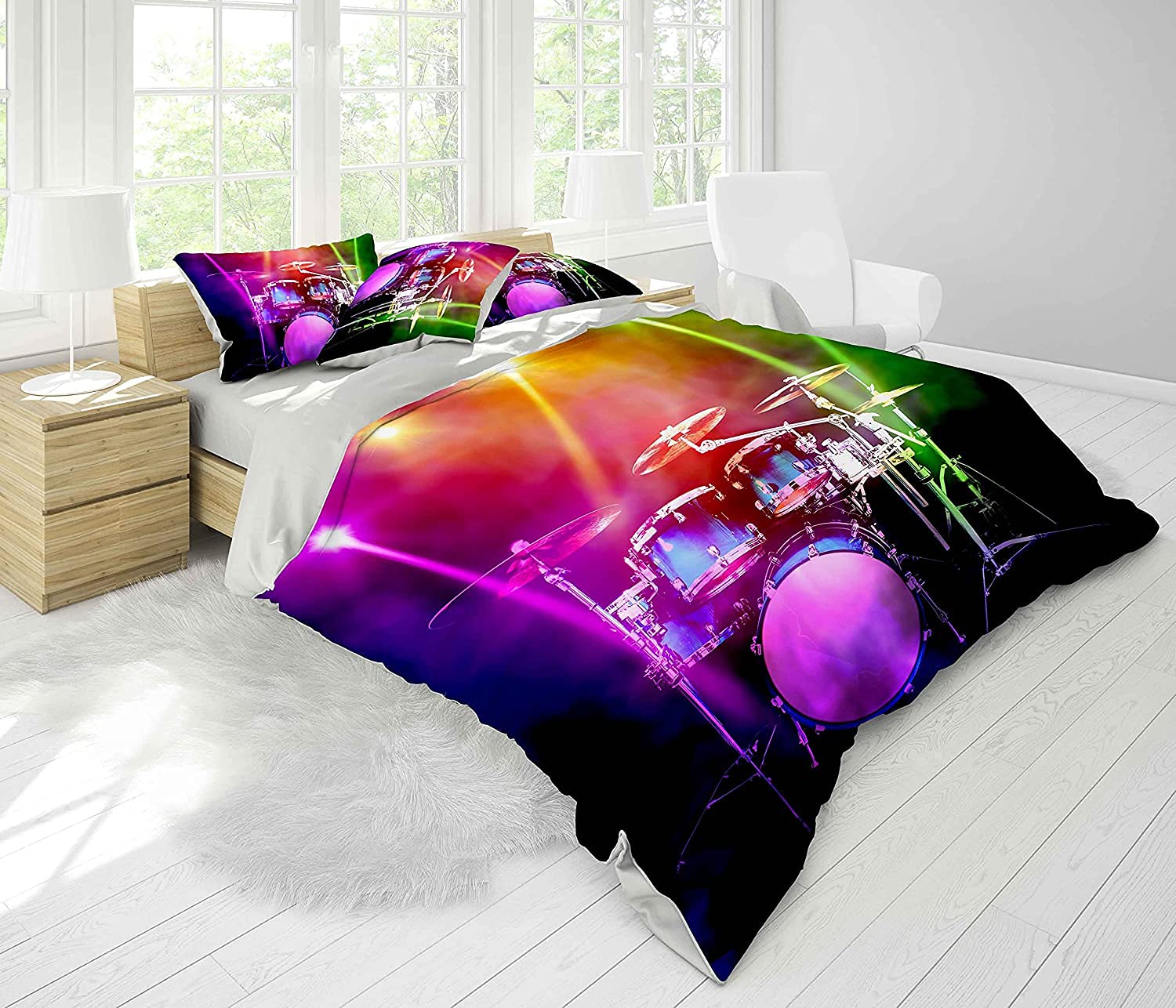 Juego de ropa de cama con diseño de tambor de plumón, con temática musical, para niños y niñas, con purpurina colorida, tamaño king