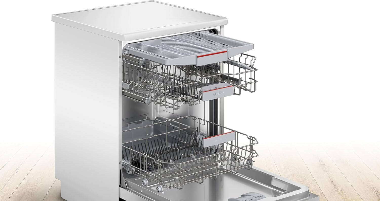 Interior view of Bosch dishwasher with both baskets pulled out