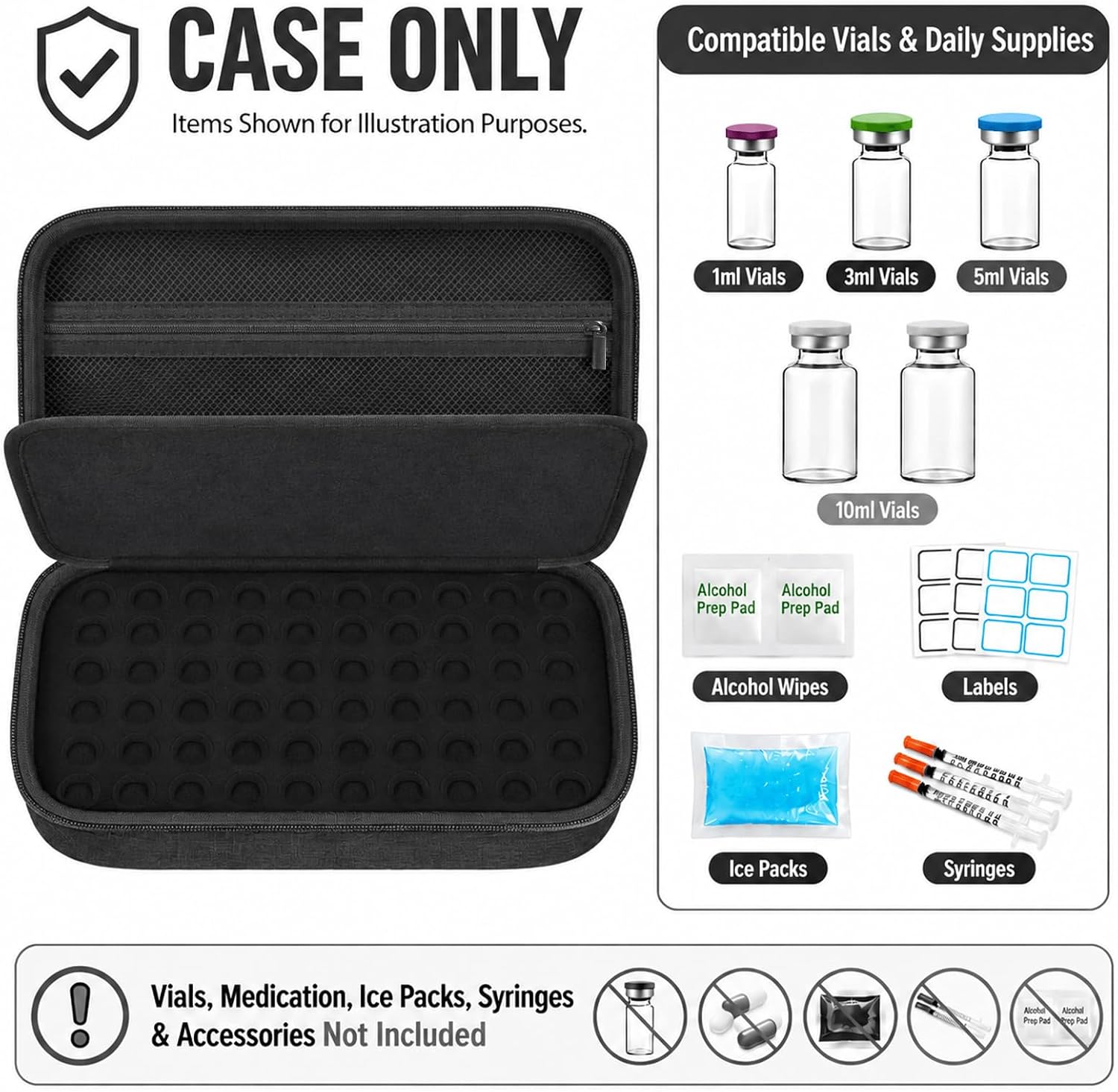 60-Slot Insulin Vial Case for Diabetics, Peptide Storage, Black