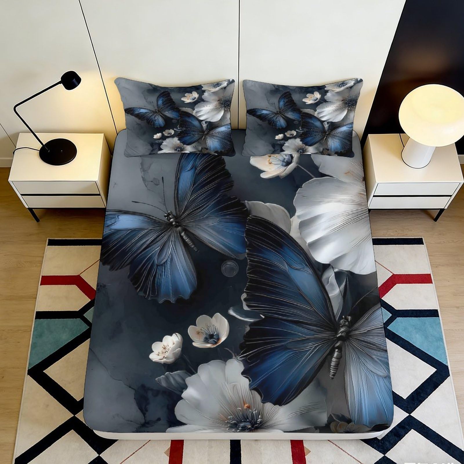 3D Printed butterfly floral Fitted Sheet, soft touch Microfiber, stylish room accent, guest room bedding, anti-slip, washable, dust resistant 90x200x25cm
