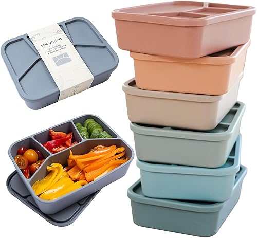 Spoondrift Caja de almuerzo estilo Bento 100% de grado alimenticio a prueba de fugas de silicona, para niños y adultos, de 4 compartimentos, elige