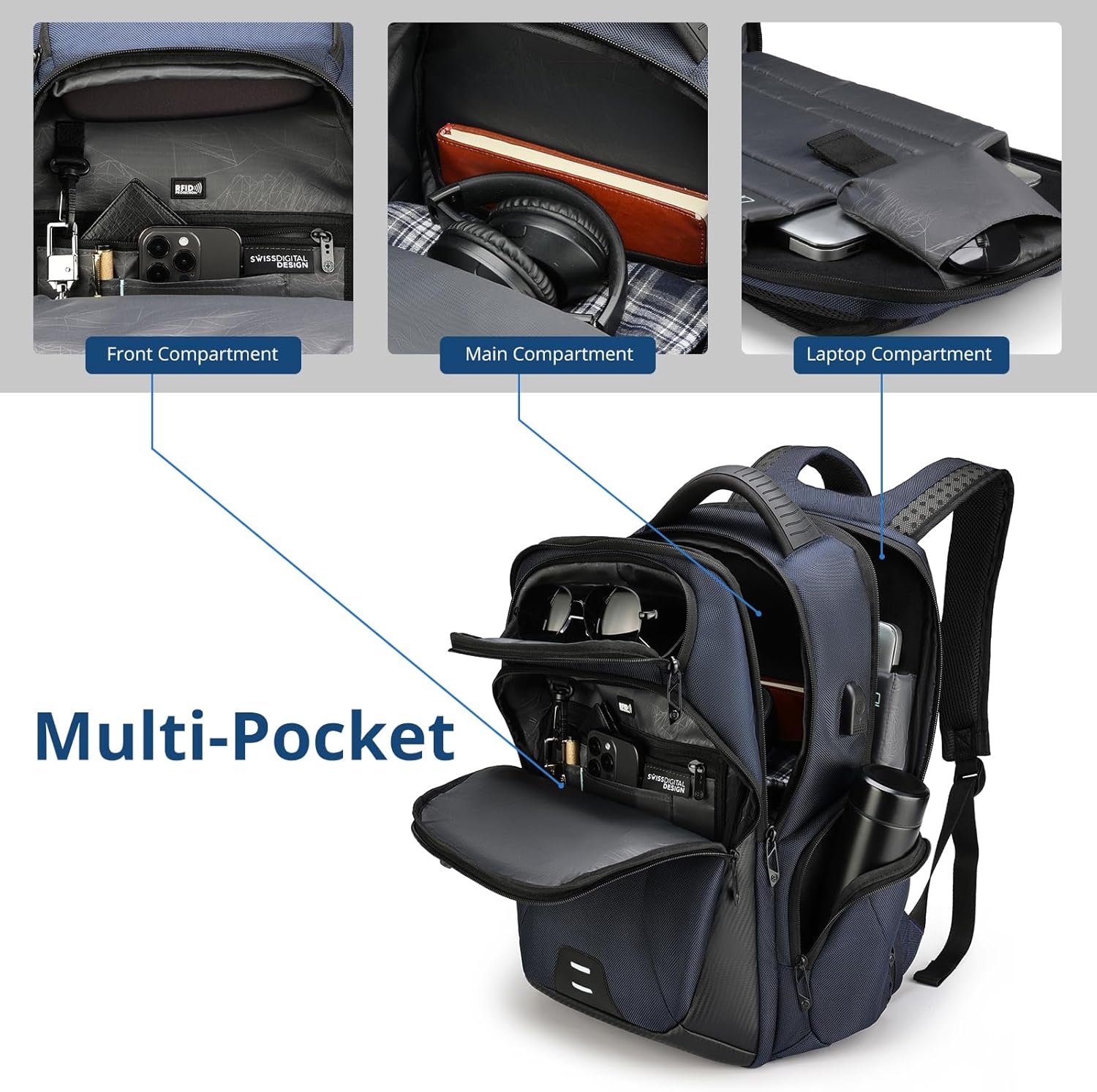 Swissdigital Design Men's Laptop Backpack for College and Business Travel with Integrated USB Charging Port and RFID Protection Fits Laptops up to 15.6 inch, Blue | SD1695-12 - Image 3