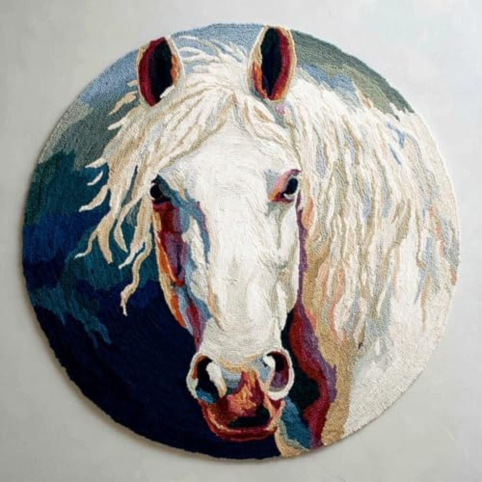 XDEGHUANGSS Latch Hook Rug Kit White Horse Portrait Round Rug 52x52cm
