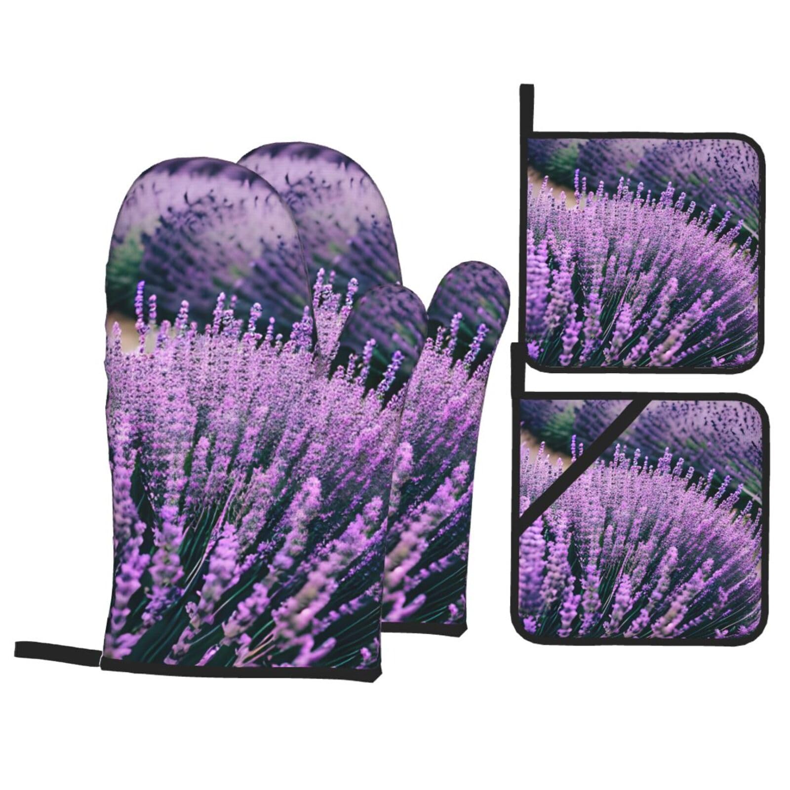 Purple Lavender Print 4-Piece Oven Microwaving Set Waterproof Kitchen Gloves for Baking Grilling Cooking