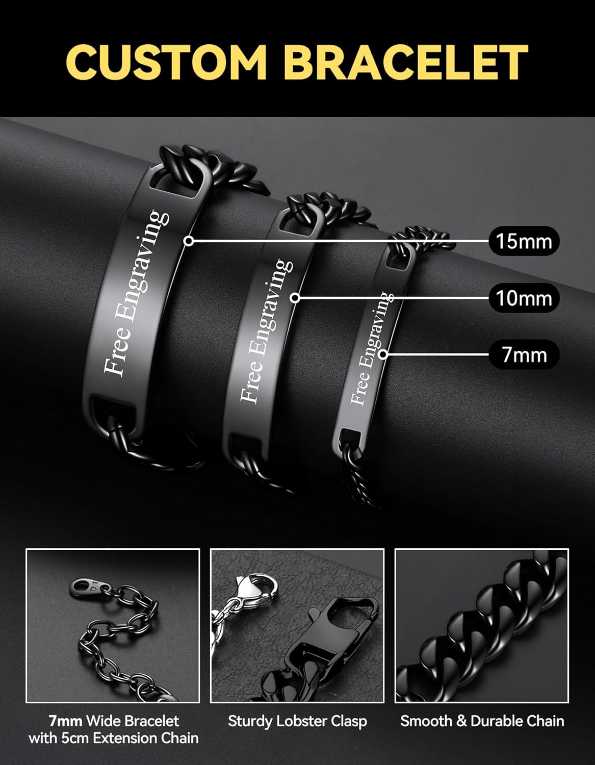 ChainsHouse Personalized ID Bracelet for Men Women Stainless Steel Cuban Curb Link Chain Custom Engrave Bar Bracelet Bangle, 7mm Width, 19-21CM, Send Gift Box