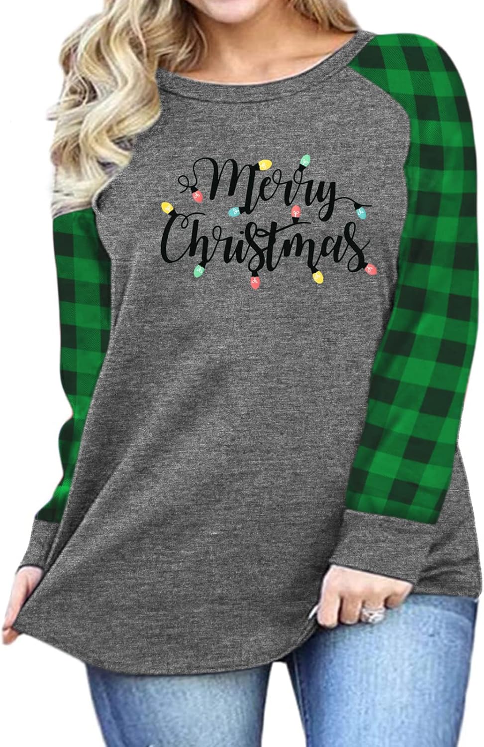HDLTE Plus Size Merry Christmas Shirts Women Plaid Christmas Sweatshirt Long Sleeve Tee Tops