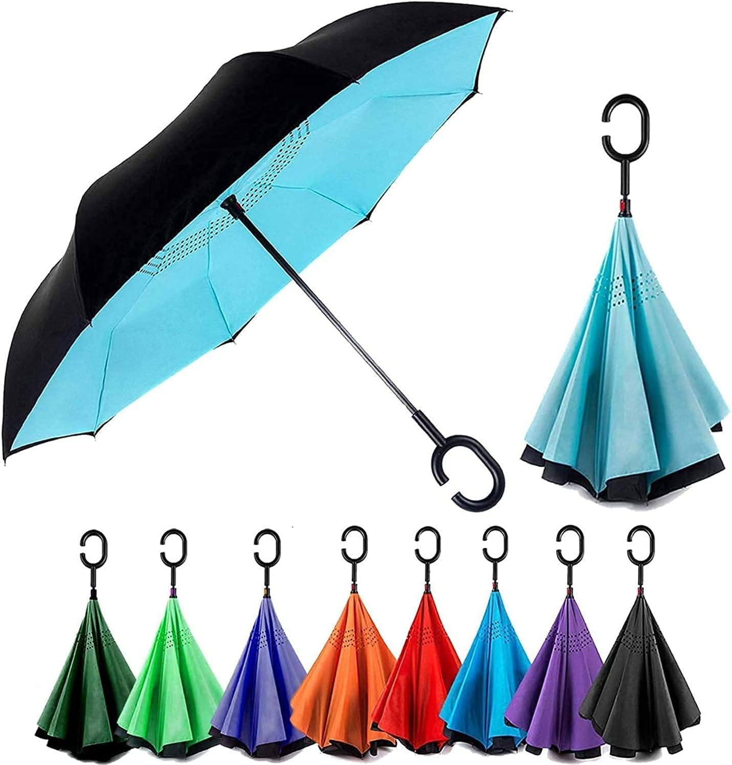 DPISZONE Unisex Windproof Upside Down Reverse Umbrella with C-Shaped Handle and UV Protection Inverted Reversible No Drip Umbrella (Multicolor)
