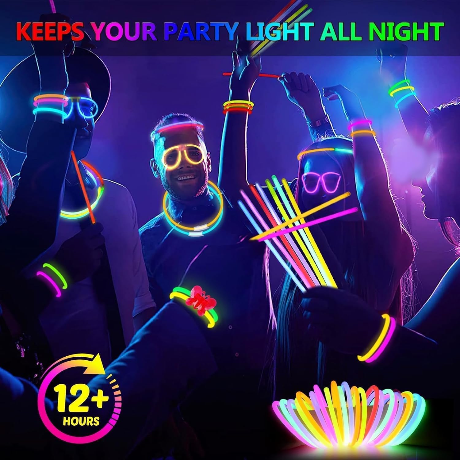 BUDI 467Pcs Glow Sticks Party Favors for Kids Adults Glow in the Dark Party Supplies 4th of July Accessories Neon Decors 200 GlowSticks Bulk 8 Colors 8 Inch & 267 Connectors Necklace Bracelet Glasses - Image 3