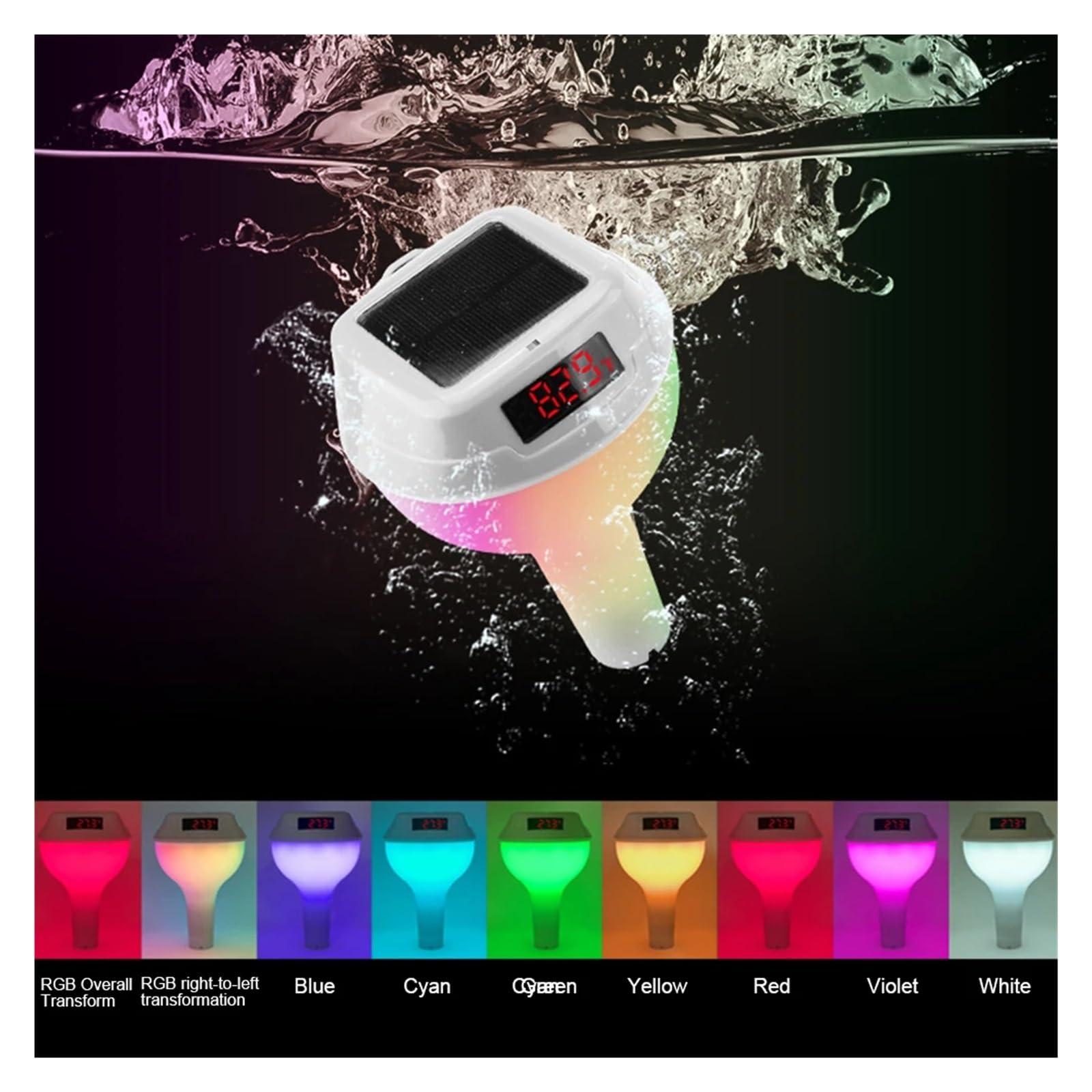 Wireless Floating Pool Thermometer Solar Pool Thermometer Swimming Pool LED Digital Water Thermometer With RGB Atmosphere Light(White)
