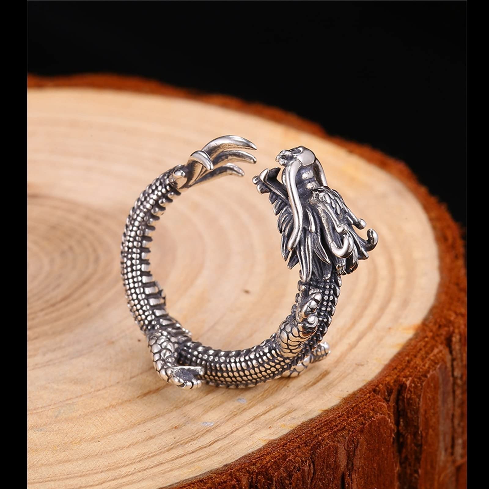 Anillos de acero inoxidable ajustables, anillo de compromiso de plata para él, dragón chino con ojos rojos, tamaño O 1/2-T 1/2, O 1/2-T 1/2, Sin piedras preciosas