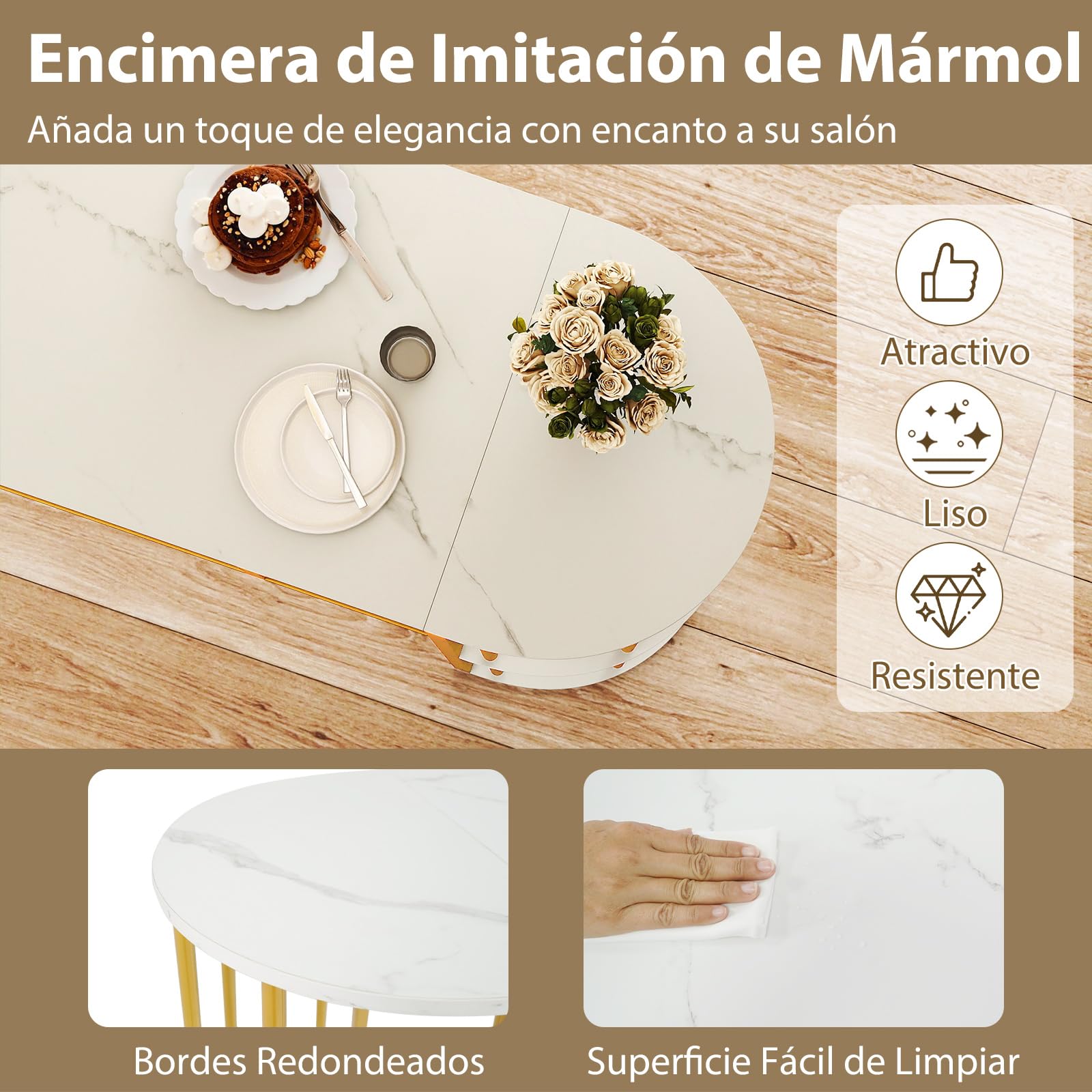 COSTWAY Mesa Alta de Cocina, Mesa Alta de Bar Rectangular con Estantes de Almacenamiento, Estructura Metálica, Encimera Efecto Mármol, Barra Estrecha para Cocina, Bar, 150x40x105 cm (Dorado y Blanco)