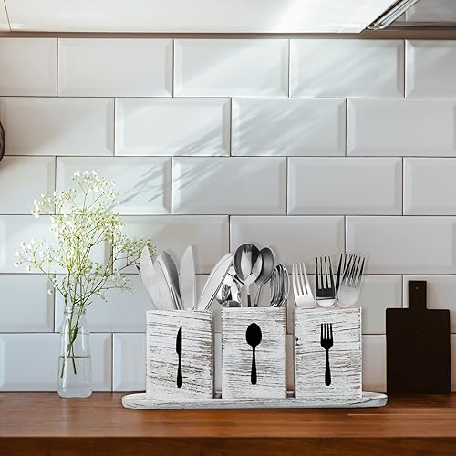 Miniatura 6 de Organizador de cubiertos de 4 piezas para encimera, organizador de cubiertos con bandeja de madera, cuchara y tenedor, soporte para cubiertos,