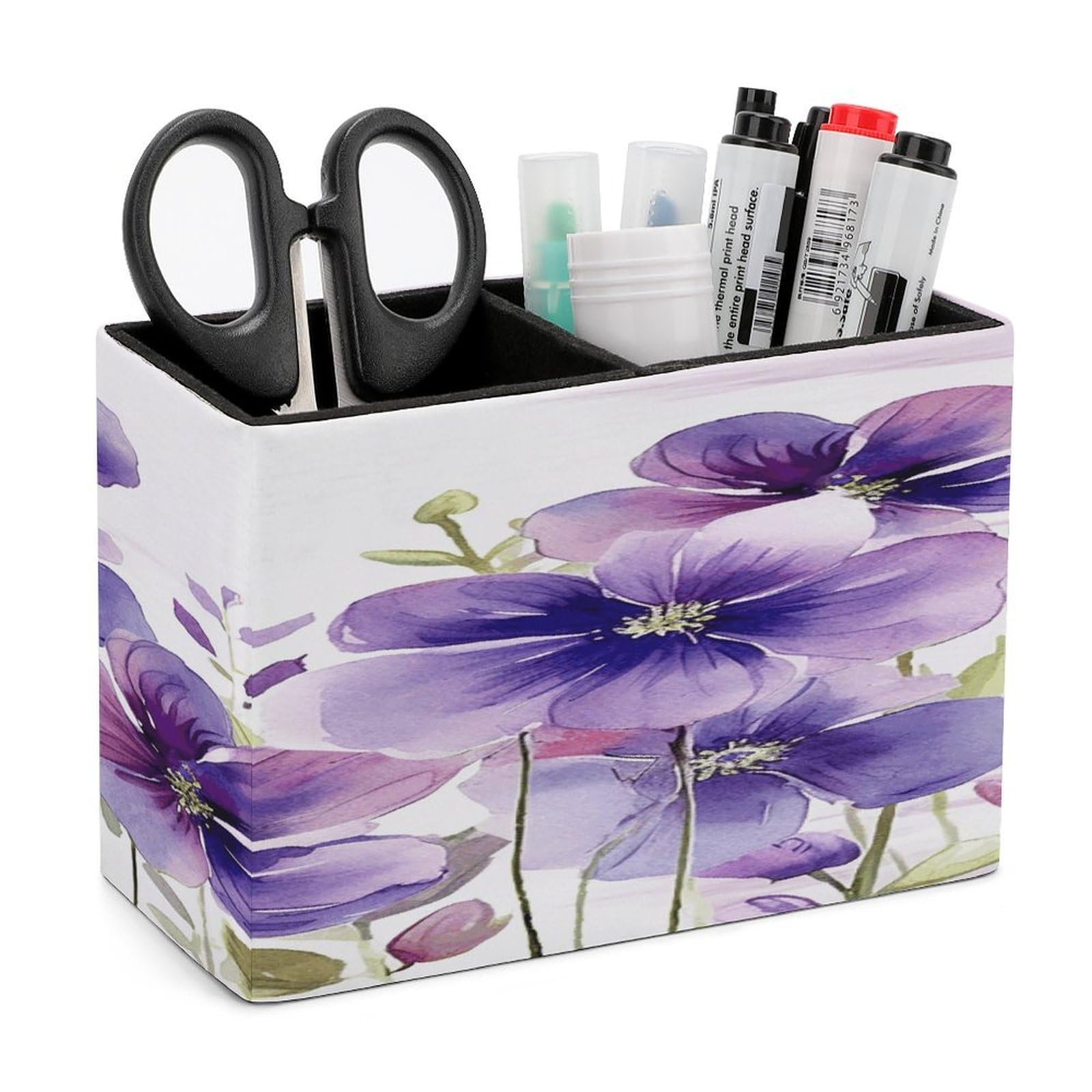 VstaDank Watercolor Purple Flowers Pen Holder Double Compartments Pen Cup Fashion Makeup Brush Holders Leather Pencil Holder for Work Locker Accessories Modern Pencil Cup for Desk Organizer