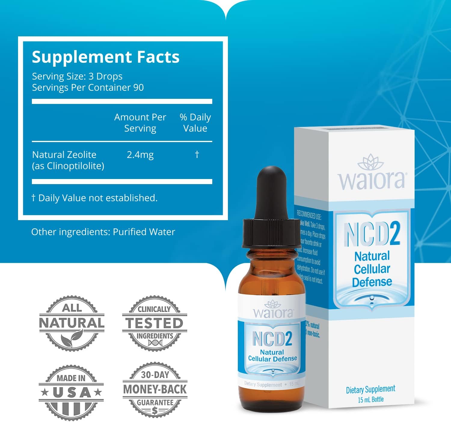 Waiora NCD2 Activated Liquid Zeolite Drops, Zeolite Liquid Drops/Mixed in Food/Drinks, Natural Body Cleanse & Promotes Immune Support, All Natural pH Balance Zeolite Liquid Drops - 4 Bottles - 15 mL
