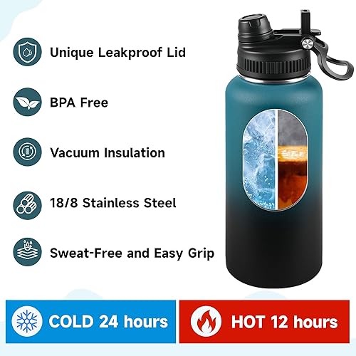 Miniatura 10 de Botella de agua aislada de 22 onzas, tapa 2 en 1 a prueba de fugas (sorbo/pajilla) + asa, botella de acero inoxidable para deportes, viajes, trabajo