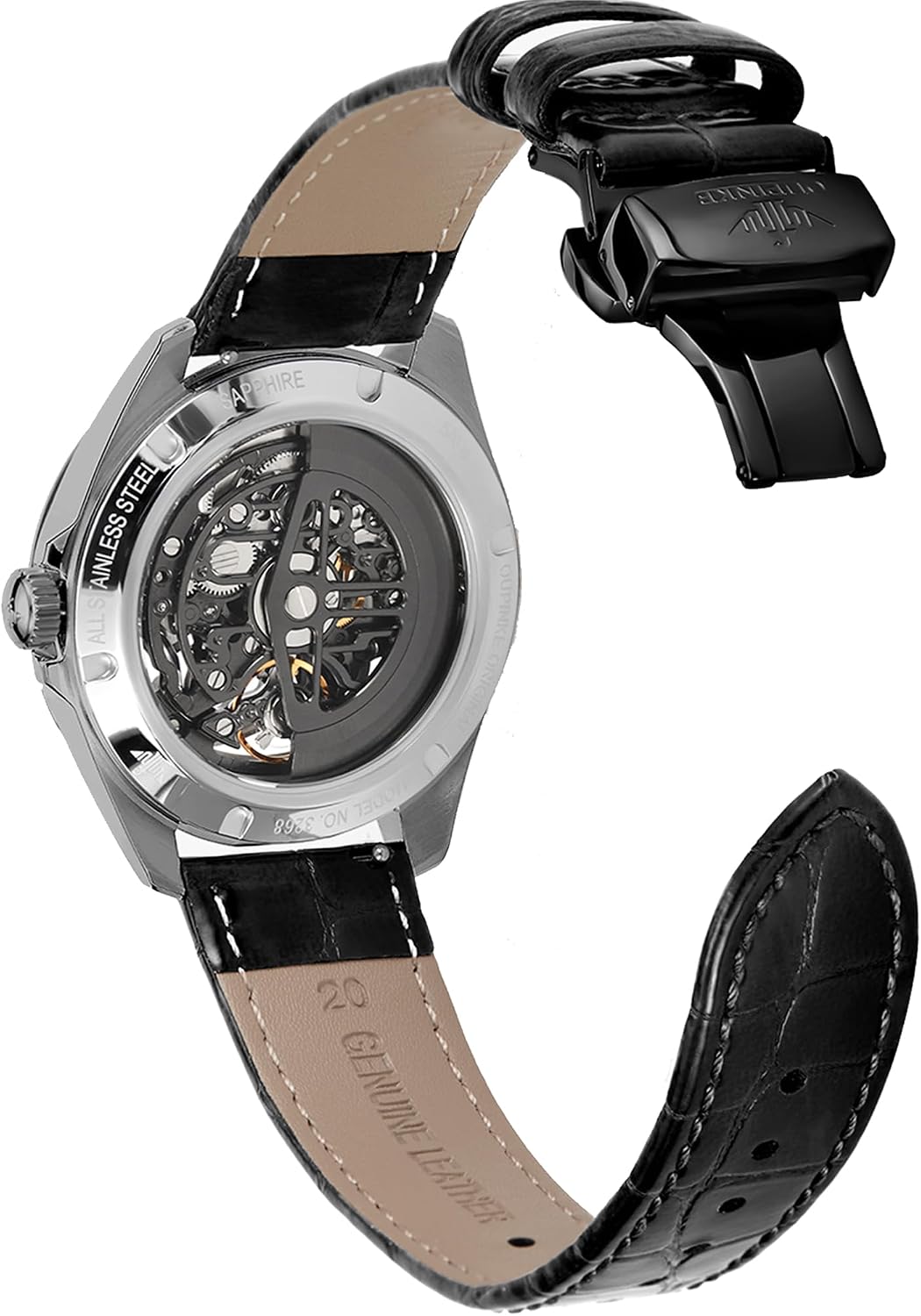 OUPINKE Mens Automatic Black Watch 42mm Skeleton Large Dial Luxury Dress Slef-Winding Mechanical Watch, Sapphire Crystal Mirror, Waterproof Luminous Stainless Steel Case