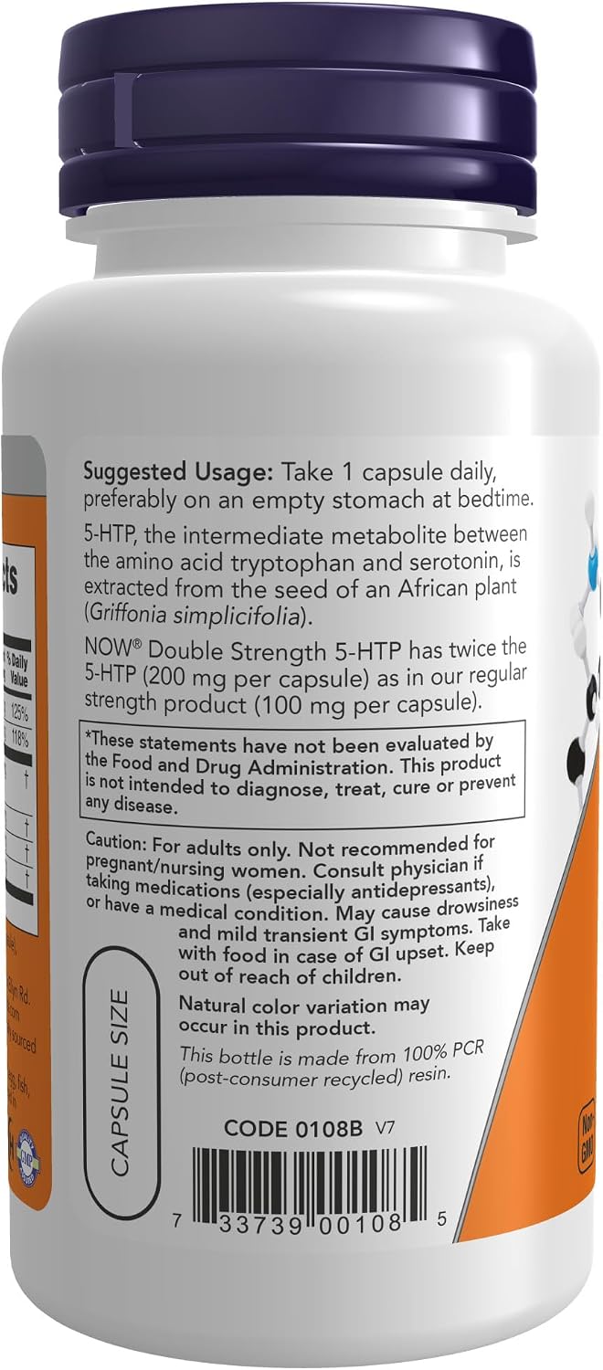 NOW Supplements, 5-HTP (5-hydroxytryptophan) 200 mg, Double Strength, Neurotransmitter Support*, 60 Veg Capsules