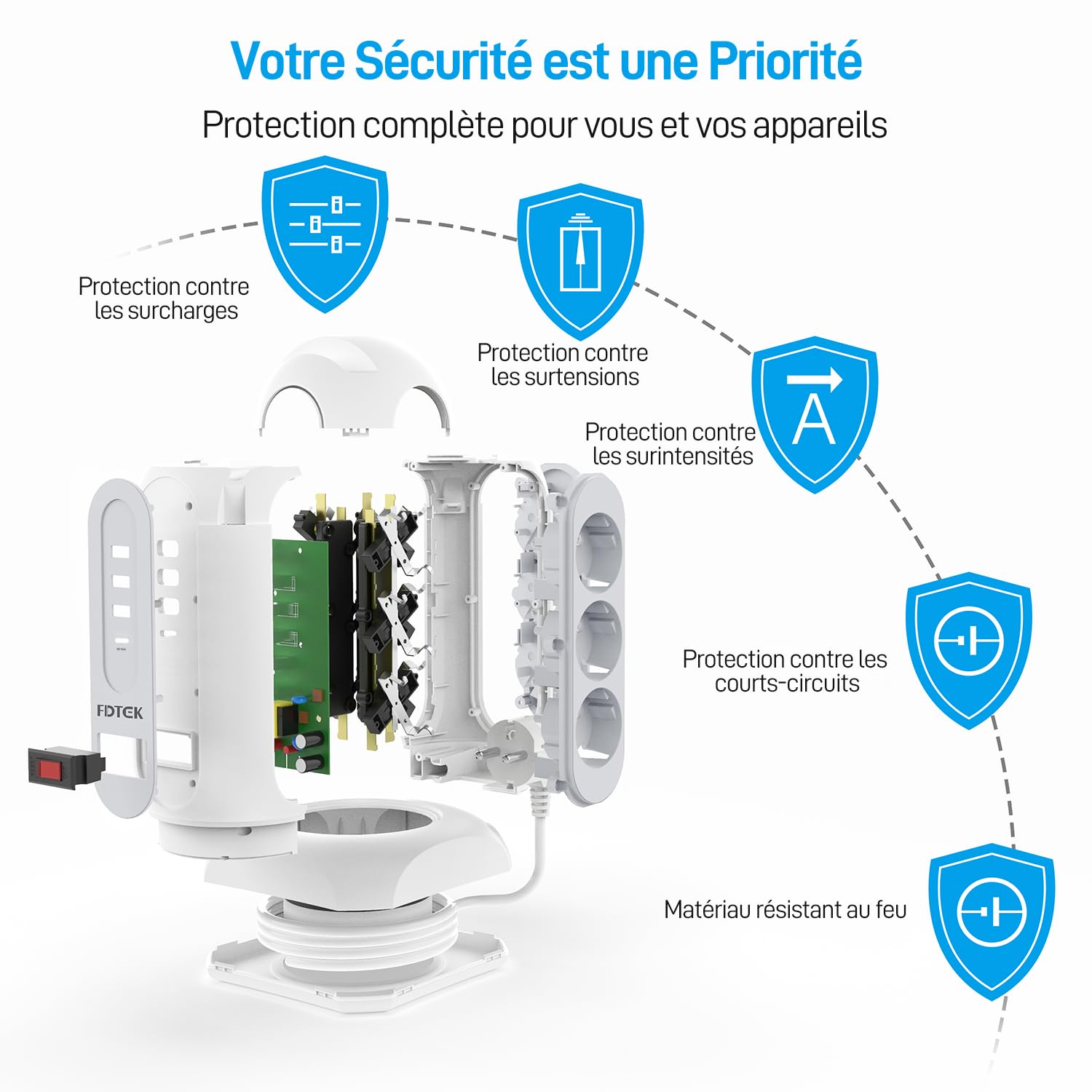 FDTEK 9 Prises Tour Multiprise avec Interrupteur avec 3 USB-A et 1 USB C | Prise Multiple Tour de Protection Contre Les Surcharges, Tour Prise avec Rétractable Cordon de 1,8M, Multiprise pour Maison