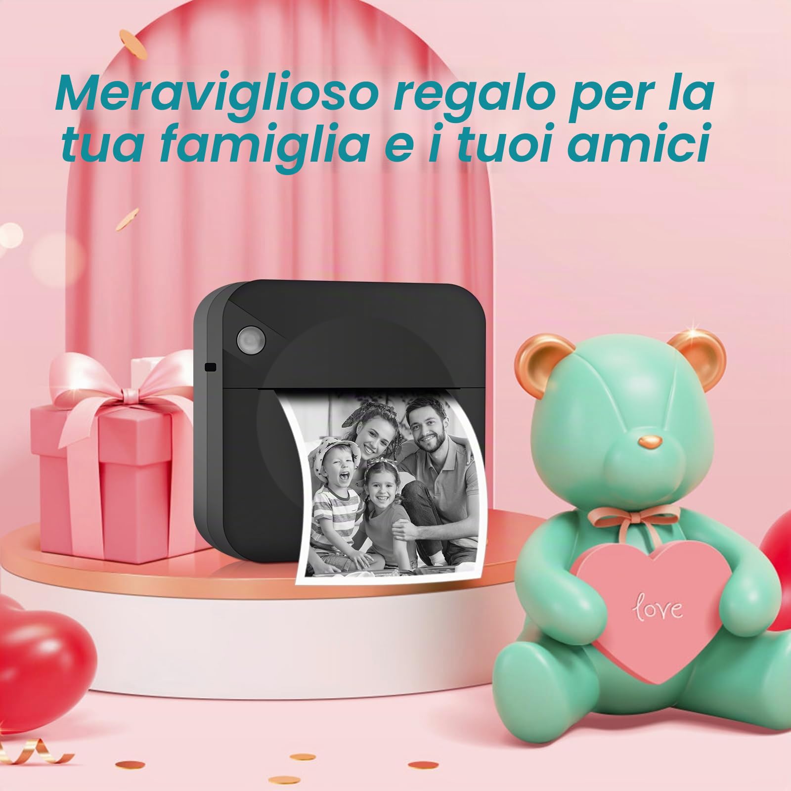 Mini Stampante Fotografica, Mini Stampante Termica,Stampante Fotografica Istantanea Portatile, Mini Stampante Termica Bluetooth con Ricarica USB Stampante, per Fotografica, Note, Diario, Elenco (Nero)