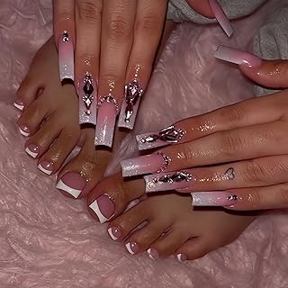 48Pcs White French Tips Press on Toenails Ombre Pink White Press on Nails Long Square Fake Nails with Diamond Charm Design Glitter Fake Toenails Glossy Summer False Nails for Women Girls DIY Manicure