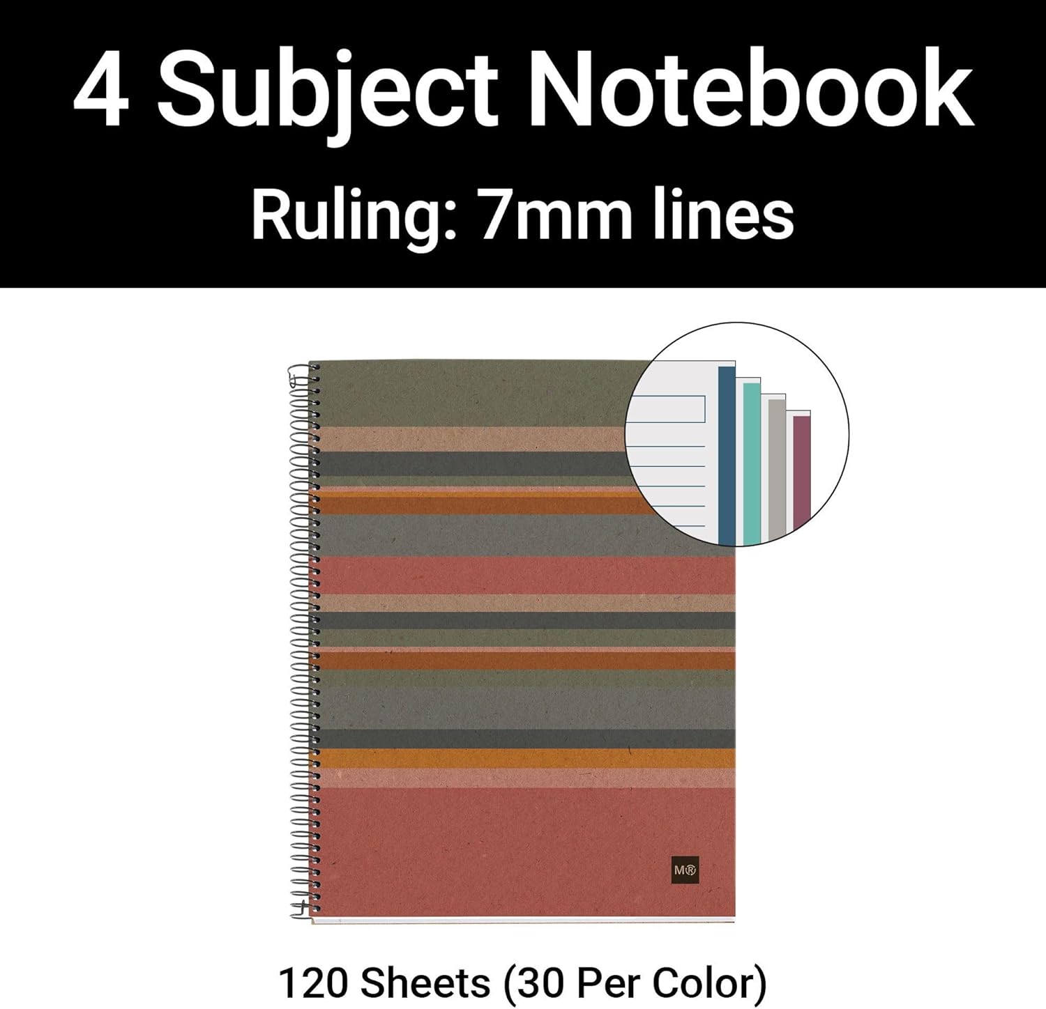 ROARING SPRING M MiquelRius 100% Recycled Collection, Lined 4 Subject Notebooks, 5-Pack, 11" x 8.5", 120 Perforated Sheets, Colored Sections, 3 Hole Punched, Eco Stripes Cardboard Cover