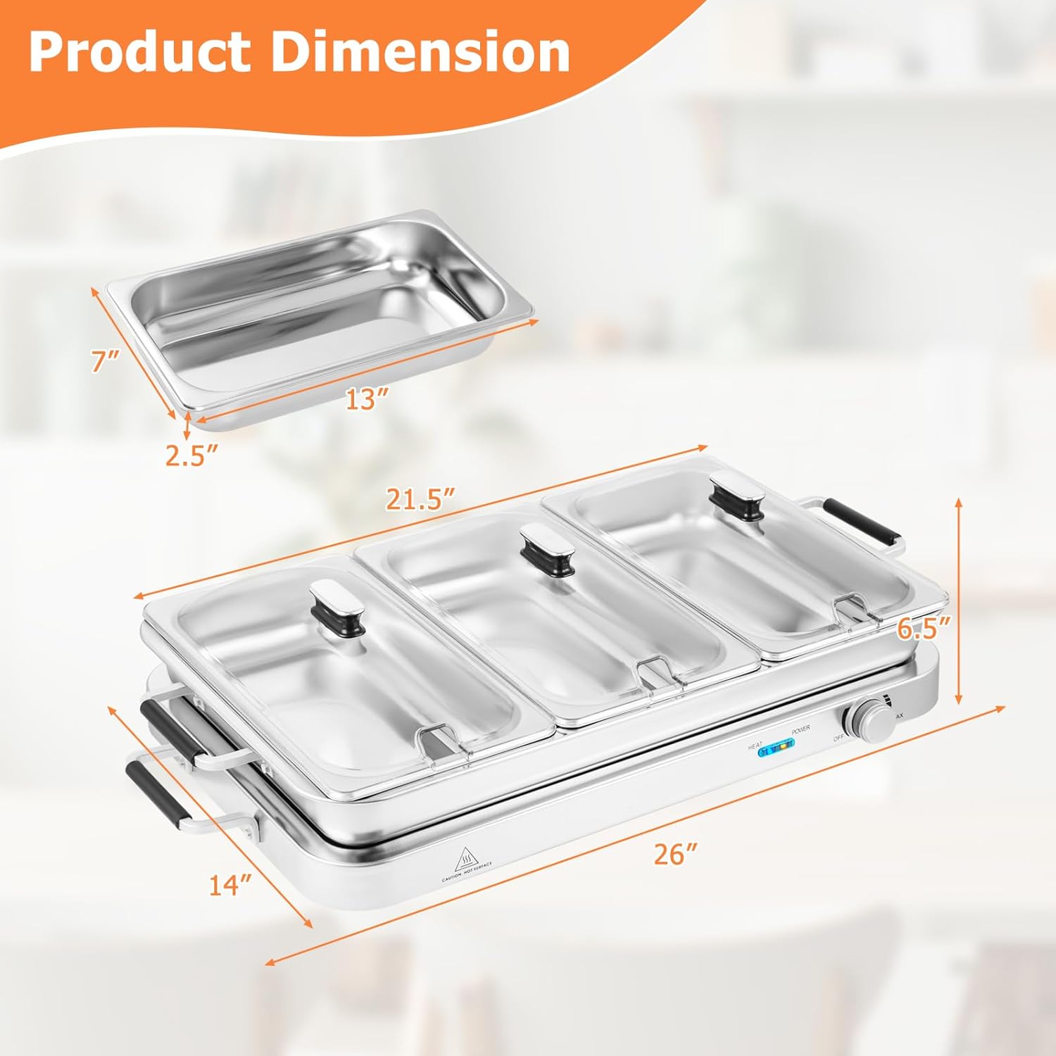 Buffet Server & Food Warmer, 2-in-1 Electric Buffet Warmer with Adjustable Heat, 3 Food Pans with Lids, 8 Qt Stainless Steel Chafing Dishes, Warming Trays for Buffets Party Banquets Catering