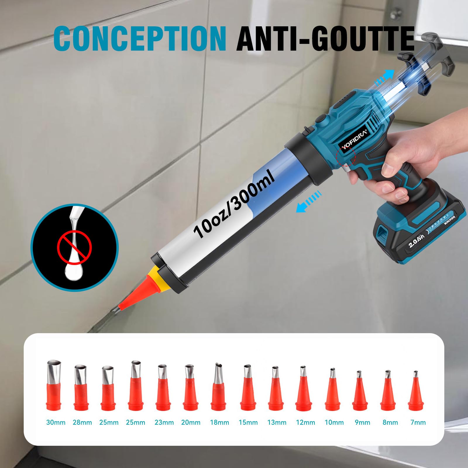 Yofidra Pistolet à Silicone Électrique avec 2 x 2000 mAh Batterie, Pistolet à Cartouche sans Fil, 4 Vitesses, Lumière LED, Pistolet Silicone 300ml, pour l’Étanchéité, le Masticage, sans Fuite
