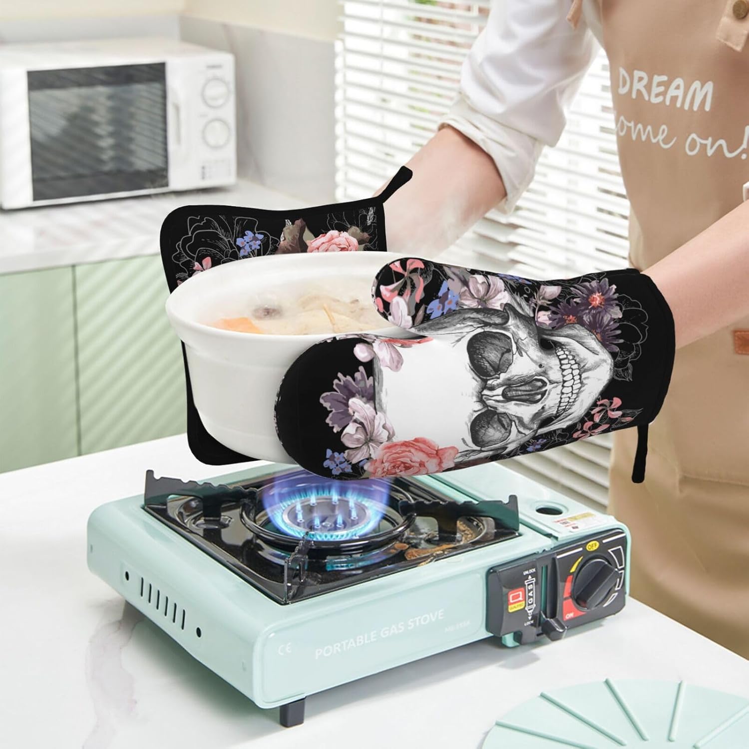Cool Skull Flower Oven Mitts And Pot Holders Set Of 4 Silicone Heat Resistant Oven Mitten Potholders Non Slip Gloves Kitchen Decor For Bbq Cooking Grilling Baking