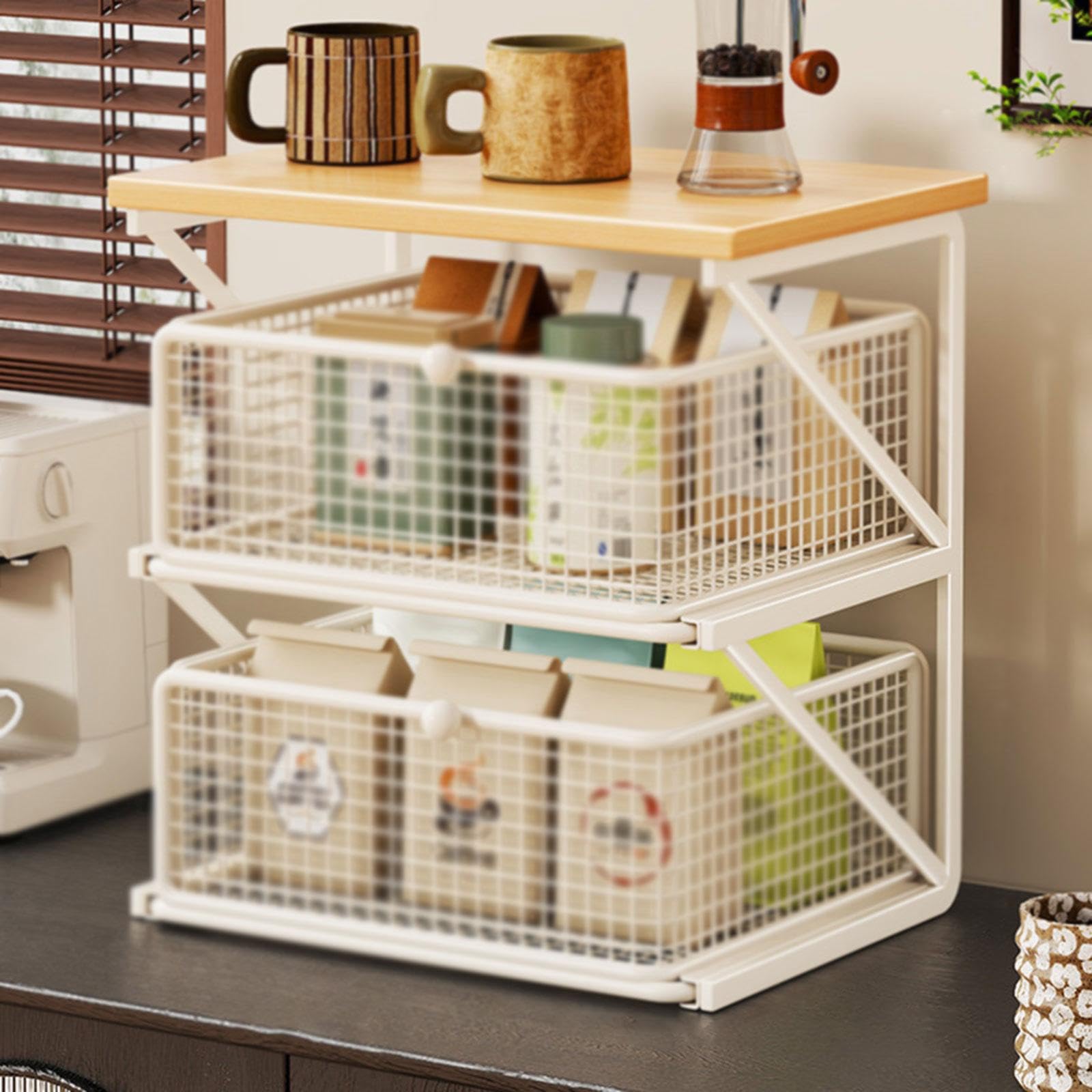 Kaffeeregal, Küchenorganizer mit Schublade, Ablagefach, Ideal für Büro, Tisch, Wohnzimmer Oder Küche, White S