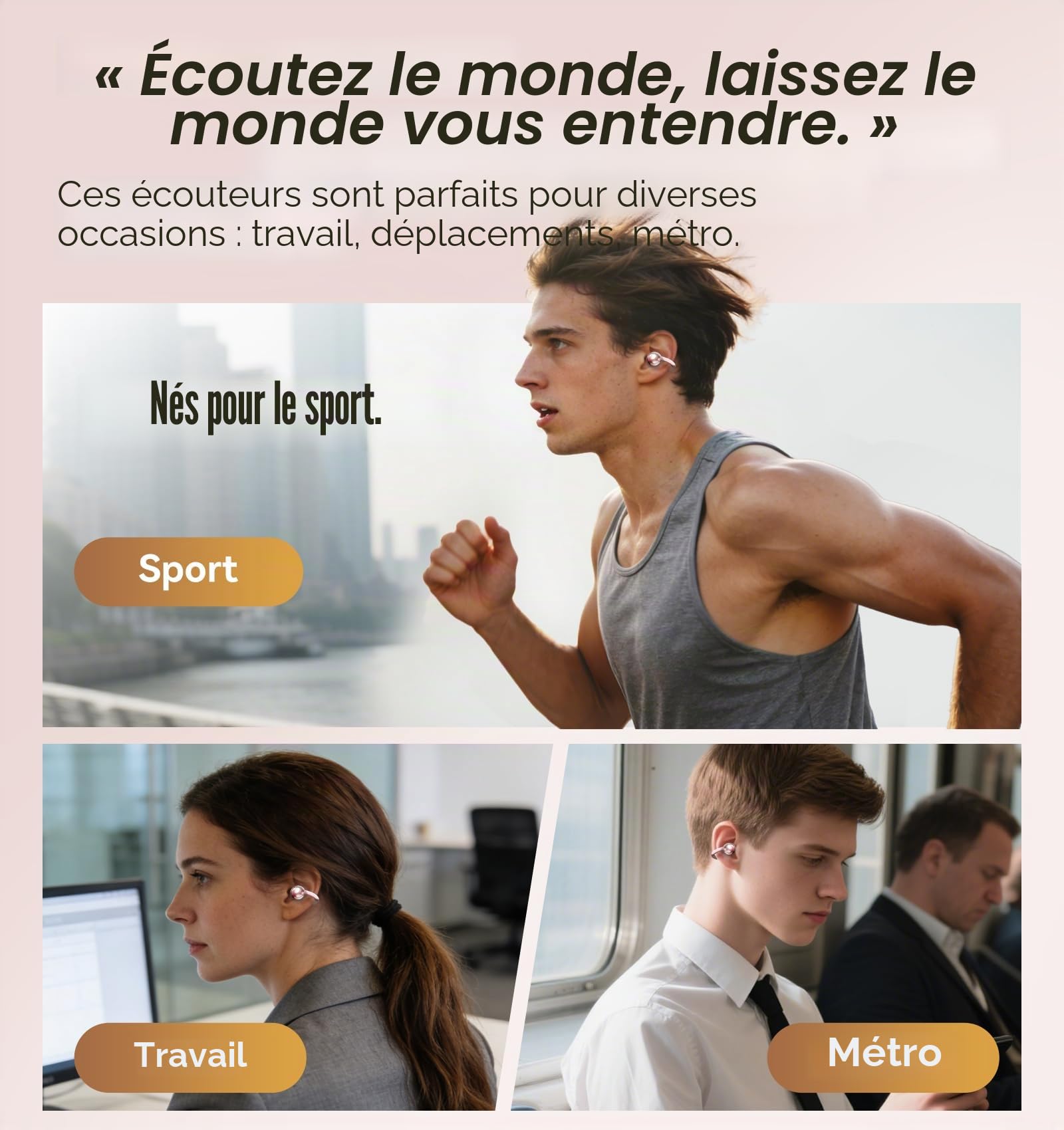 King Lucky Écouteurs à Clipser sans Fil Bluetooth 6.0 avec Micro, 50 Heures de Lecture, Suppression du Bruit, étanche, Confortable pour Les porteurs (Rose, Standard)