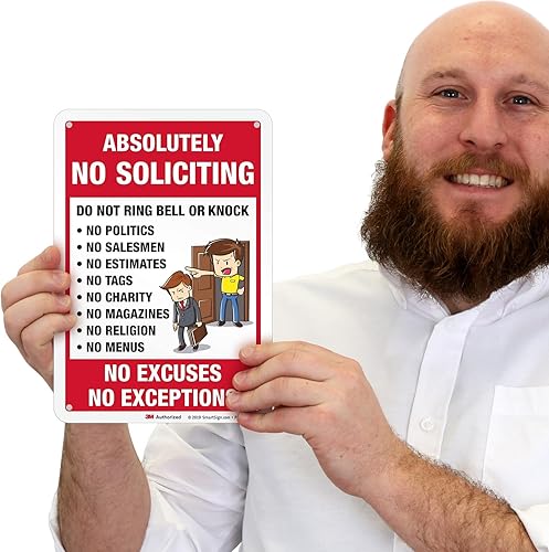 Miniatura 3 de SmartSign Cartel de metal con gráfico "Absolutely No Soliciting - Do Not Ring Bell Or Knock" de 10 x 7 pulgadas, aluminio de 40 mil, material