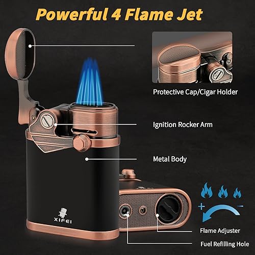 Miniatura 4 de XIFEI Encendedor de puros con 4 chorros con soporte para puros, encendedor de brazo basculante a prueba de viento, llama ajustable, encendedor de