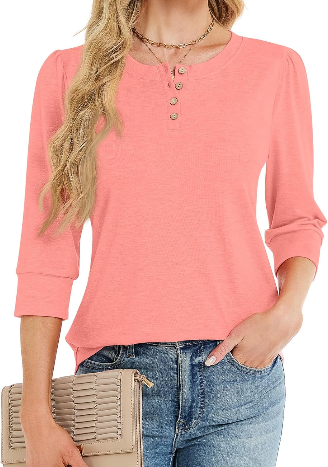 3/4 Length Sleeve Womens Tops Crew Neck Buttons Henley Shirts Tunic T Shirts Loose Fit Work Blouses 2025 Fall Trendy - Image 2