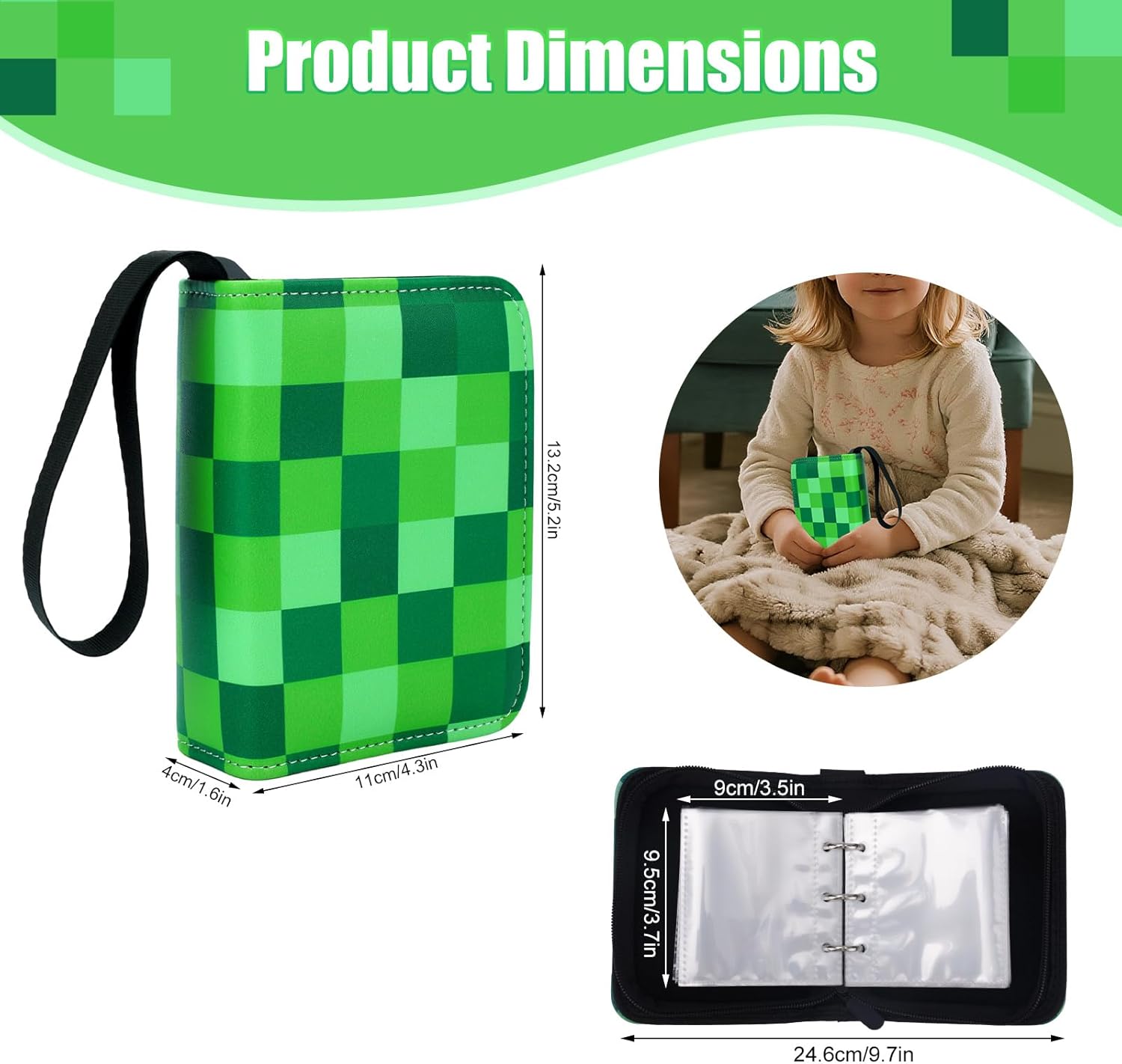 Mini Size Pocket Card Holder, Green Lattice Design Waterproof Compact Trading Card Holder Album with 40 Detachable Pages Case 80 Cards for Men Boys Teens Sports Game Cards