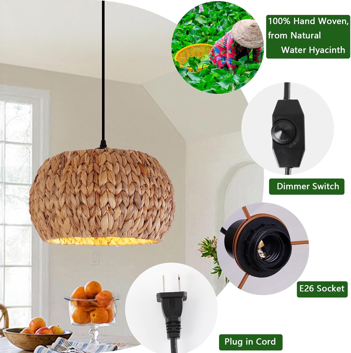 HuisMier Rattan Plug in Pendant Light Boho Hanging Lights with 15 Ft Plug in Cord & Dimmable Switch, Hand Woven Lampshade Boho Hanging Lamp for Kitchen Island Dining Room Bedroom