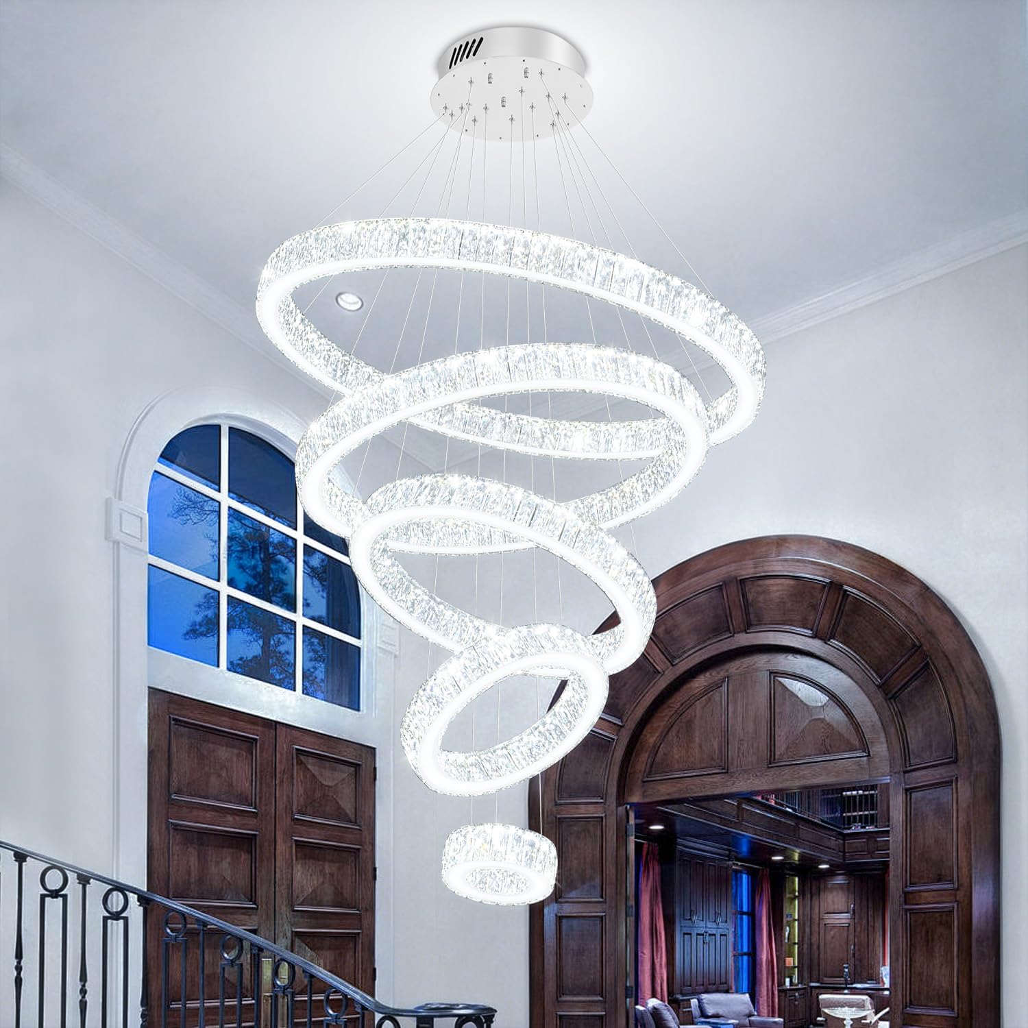 Silver 5 Ring Chandelier for High Ceiling Modern Crystal Hanging Chandeliers Flush Mount Ceiling Light for Spiral Staircase Entryway Foyer, D8-16-24"-32"-40"