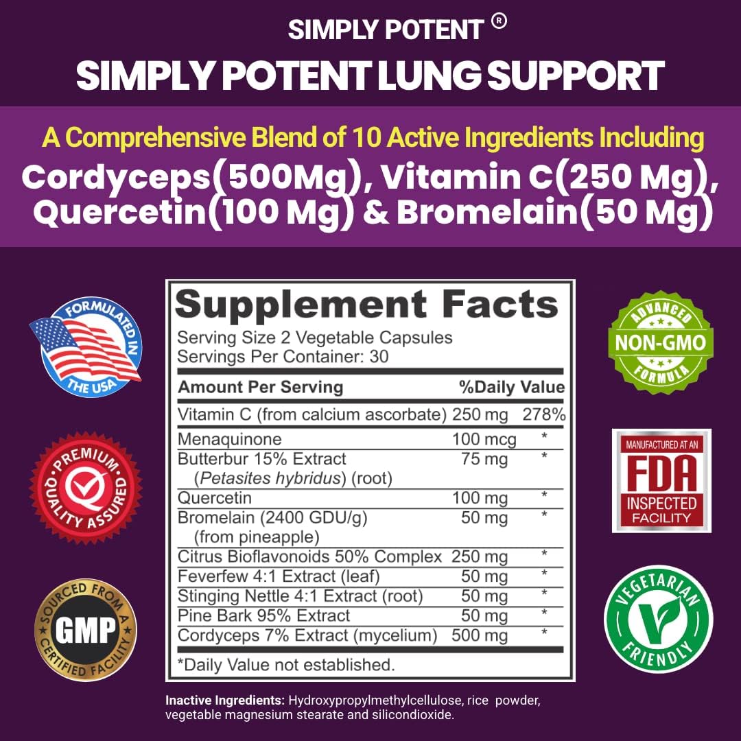 Lung Support Supplement for Lung Cleanse & Detox, Comprehensive Formula - Quercetin with Bromelain Nettle Vitamin C K2 & 500 mg Cordyceps for Lung Health, Respiratory & Bronchial Support, 60 Capsules