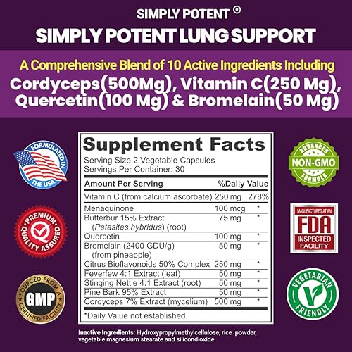 Miniatura 7 de Suplemento de apoyo pulmonar para limpieza y desintoxicación pulmonar, fórmula integral - Quercetina con ortiga bromelina vitamina C K2 y 500 mg