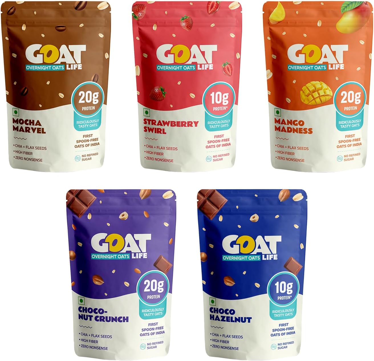 - GOAT Life Overnight Oats 345g (Pack of 5) | Assorted High Protein (20g & 10g) | Fiber-Rich, No Added Sugar | Instant Breakfast | Supports Weight Management & Muscle Recovery | Healthy Meal