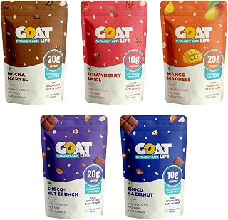 GOAT Life Overnight Oats 345g (Pack of 5) | Assorted High Protein (20g & 10g) | Fiber-Rich, No Added Sugar | Instant Break Price In India