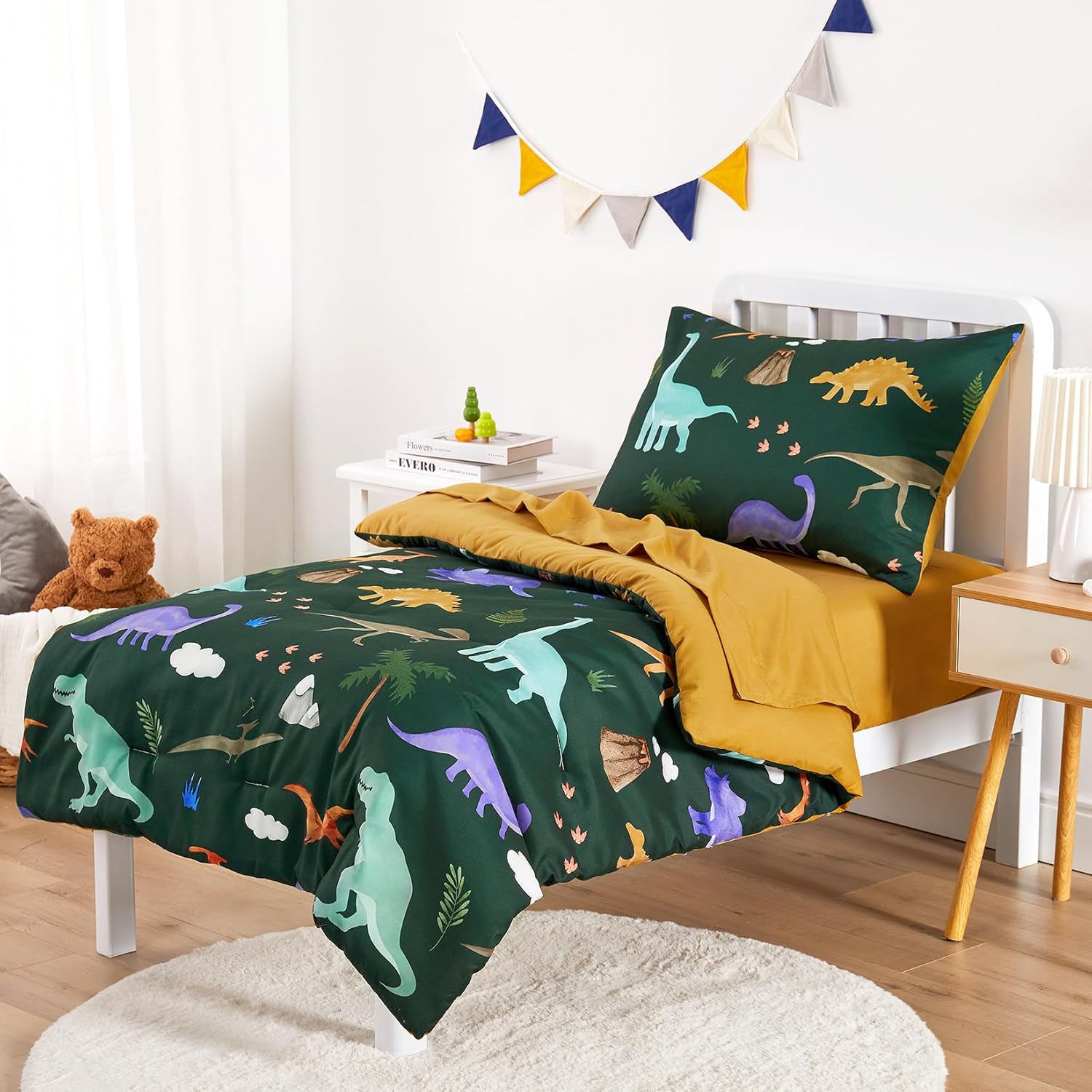 Wake In Cloud - Toddler Bedding Set for Boys, 4 Pieces Soft Crib Bed Set Including Comforter, Fitted Sheet, Flat Top Sheet and Pillowcase, Colorful Jurassic Dinosaur Volcano, Dark Green
