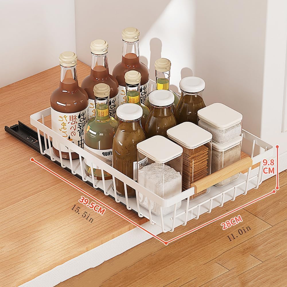 Takywep Pull Out Cabinet Organizer No Drill Adhesive Sliding Mesh Basket with Smooth Glide Under Sink Drawer for Kitchen Pantry Bathroom Storage